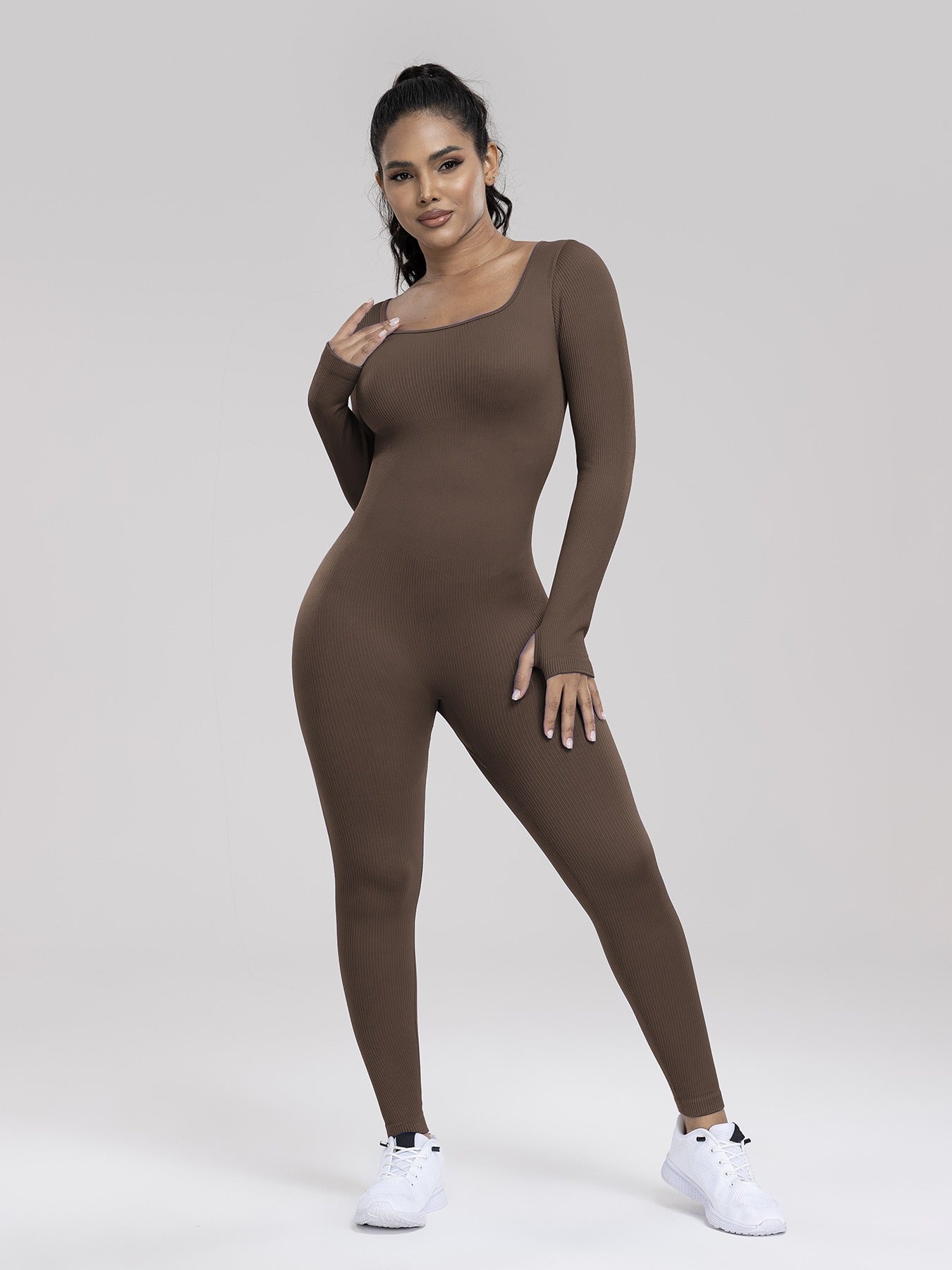 Damen Einfarbiger, gerippter Langarm-Sport-Playsuit mit Bauchkontrolle, gerippter Langarm-Trainings-Bodycon-Jumpsuit, nahtloser Jumpsuit, einteiliger Yoga-Anzug