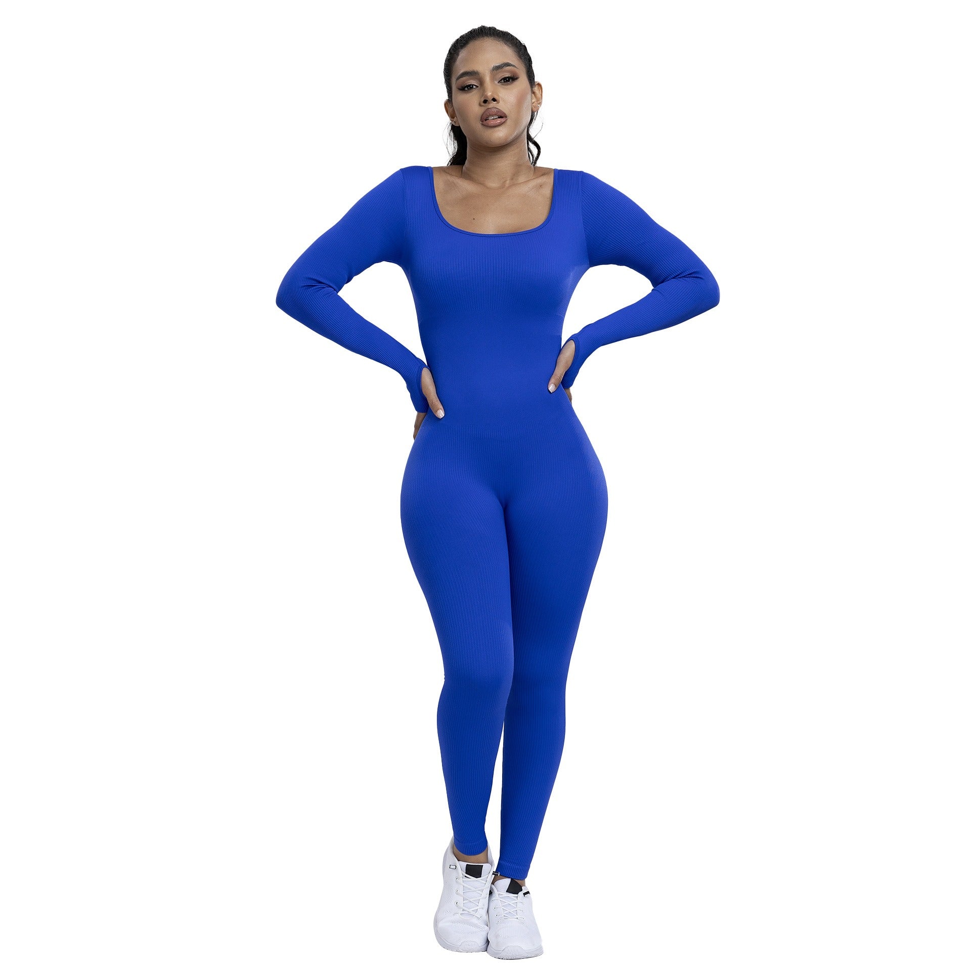 Damen Einfarbiger, gerippter Langarm-Sport-Playsuit mit Bauchkontrolle, gerippter Langarm-Trainings-Bodycon-Jumpsuit, nahtloser Jumpsuit, einteiliger Yoga-Anzug