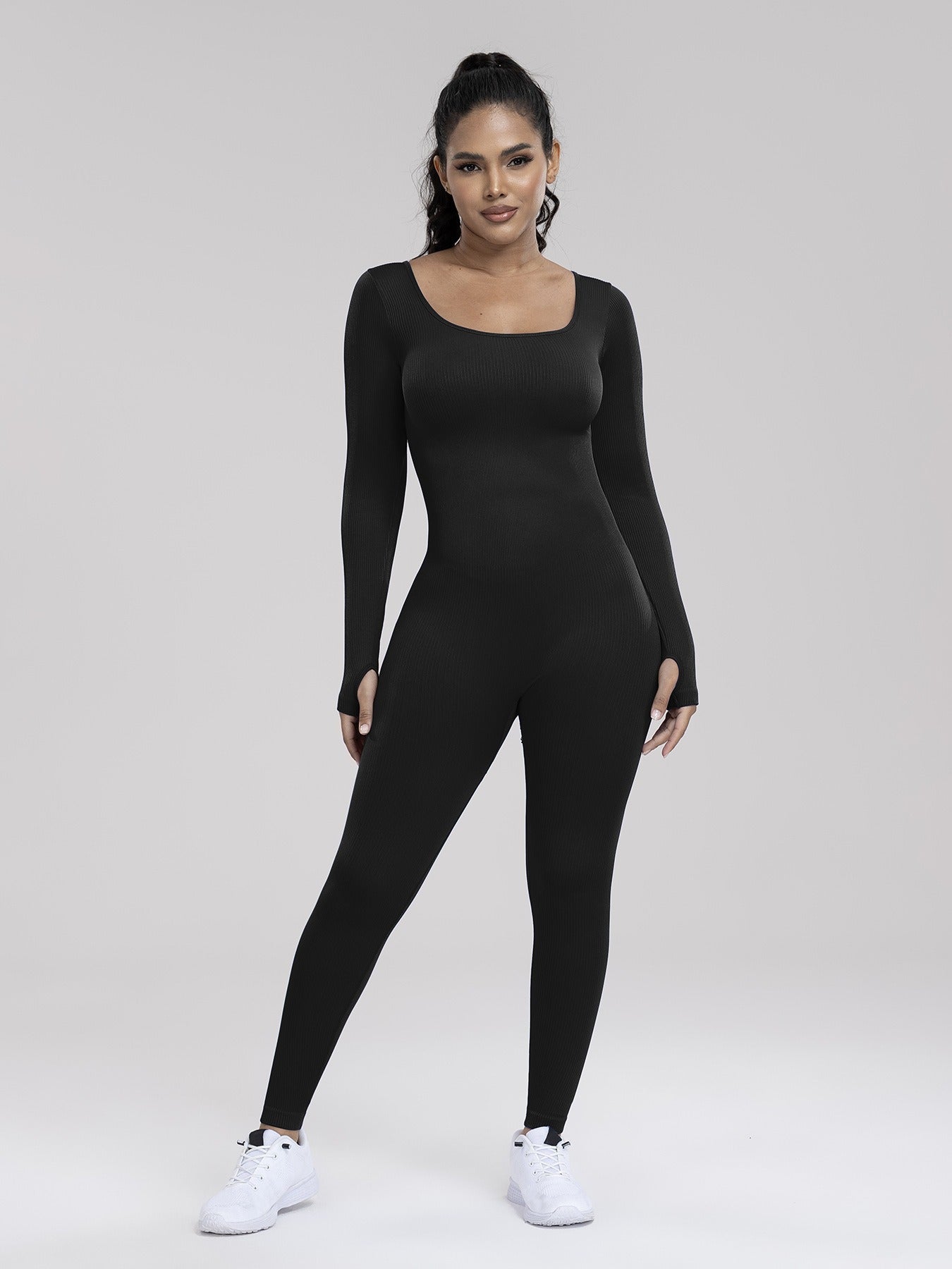 Damen Einfarbiger, gerippter Langarm-Sport-Playsuit mit Bauchkontrolle, gerippter Langarm-Trainings-Bodycon-Jumpsuit, nahtloser Jumpsuit, einteiliger Yoga-Anzug
