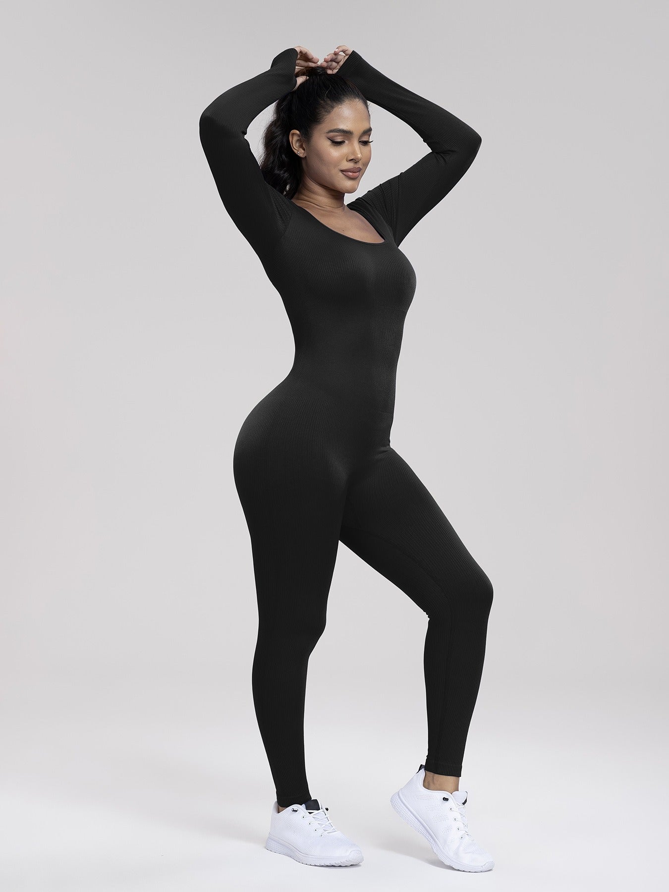 Damen Einfarbiger, gerippter Langarm-Sport-Playsuit mit Bauchkontrolle, gerippter Langarm-Trainings-Bodycon-Jumpsuit, nahtloser Jumpsuit, einteiliger Yoga-Anzug