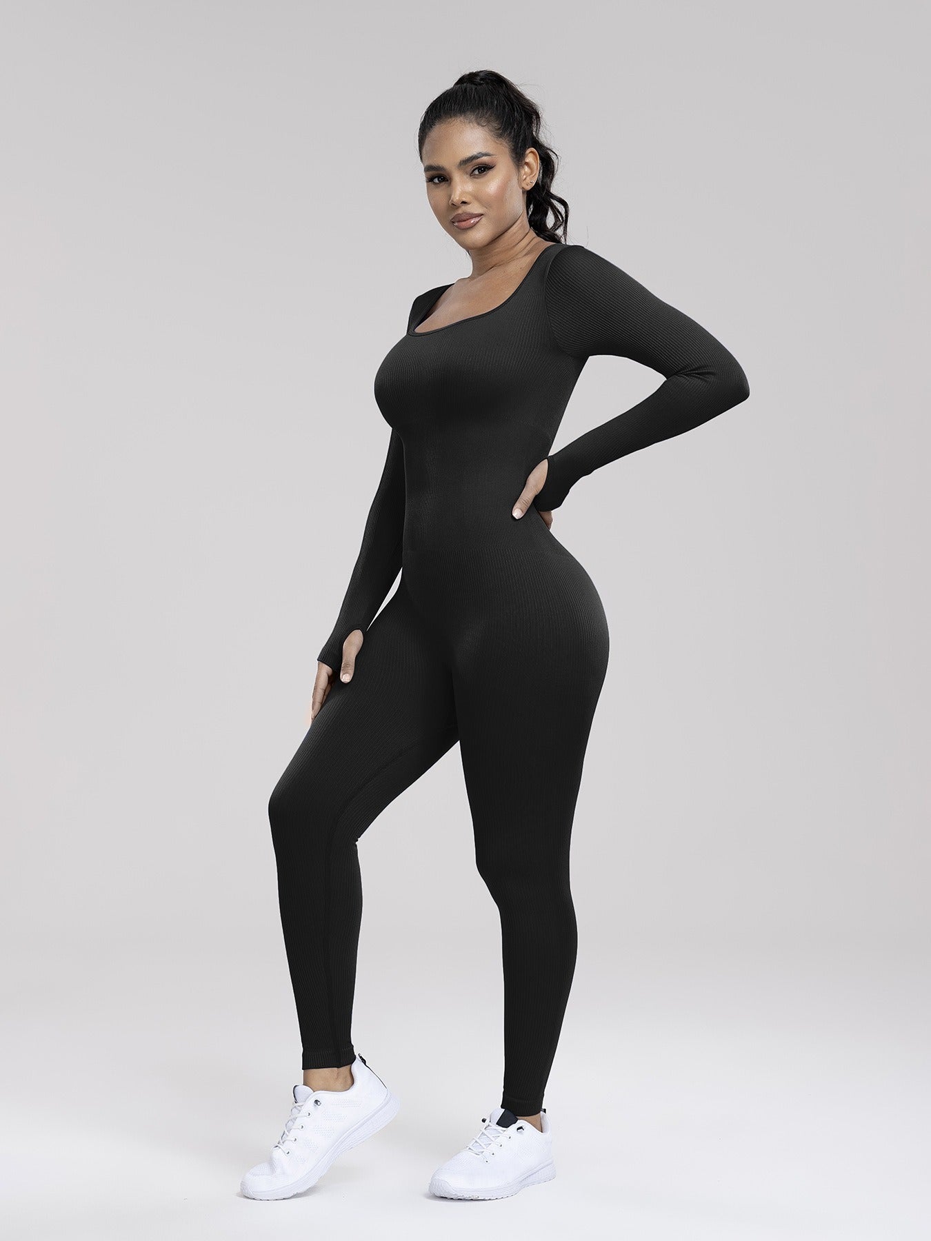 Damen Einfarbiger, gerippter Langarm-Sport-Playsuit mit Bauchkontrolle, gerippter Langarm-Trainings-Bodycon-Jumpsuit, nahtloser Jumpsuit, einteiliger Yoga-Anzug