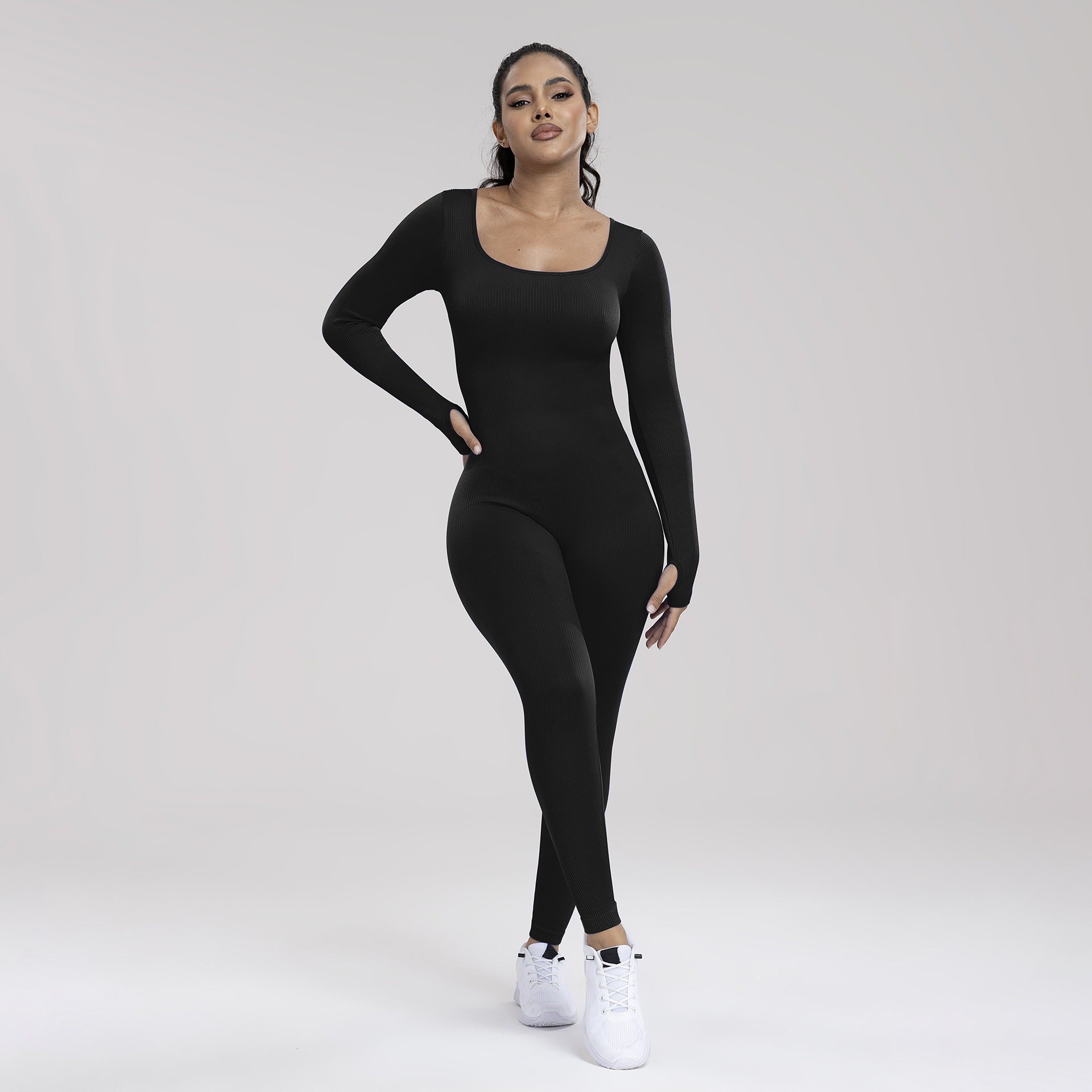 Damen Einfarbiger, gerippter Langarm-Sport-Playsuit mit Bauchkontrolle, gerippter Langarm-Trainings-Bodycon-Jumpsuit, nahtloser Jumpsuit, einteiliger Yoga-Anzug