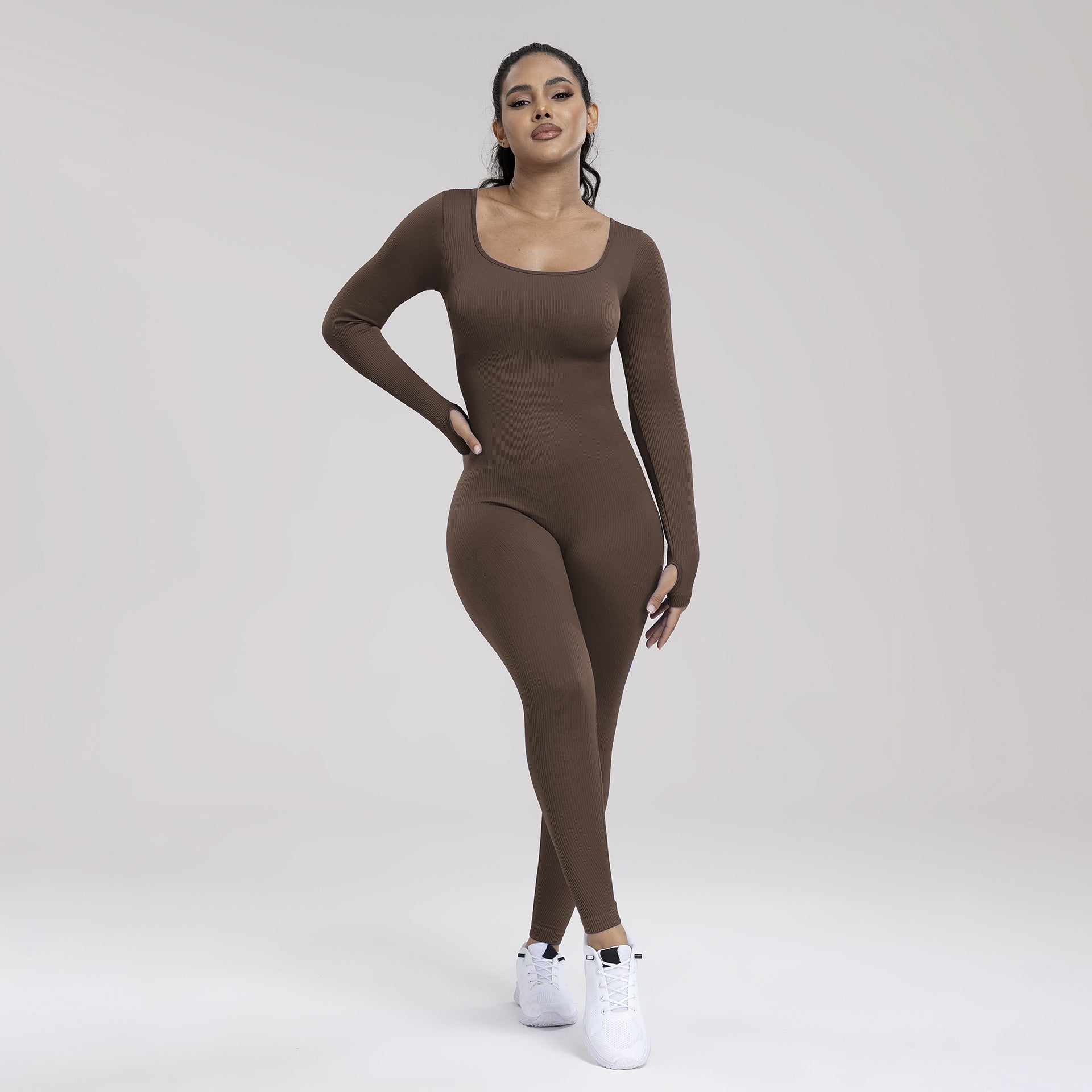 Damen Einfarbiger, gerippter Langarm-Sport-Playsuit mit Bauchkontrolle, gerippter Langarm-Trainings-Bodycon-Jumpsuit, nahtloser Jumpsuit, einteiliger Yoga-Anzug