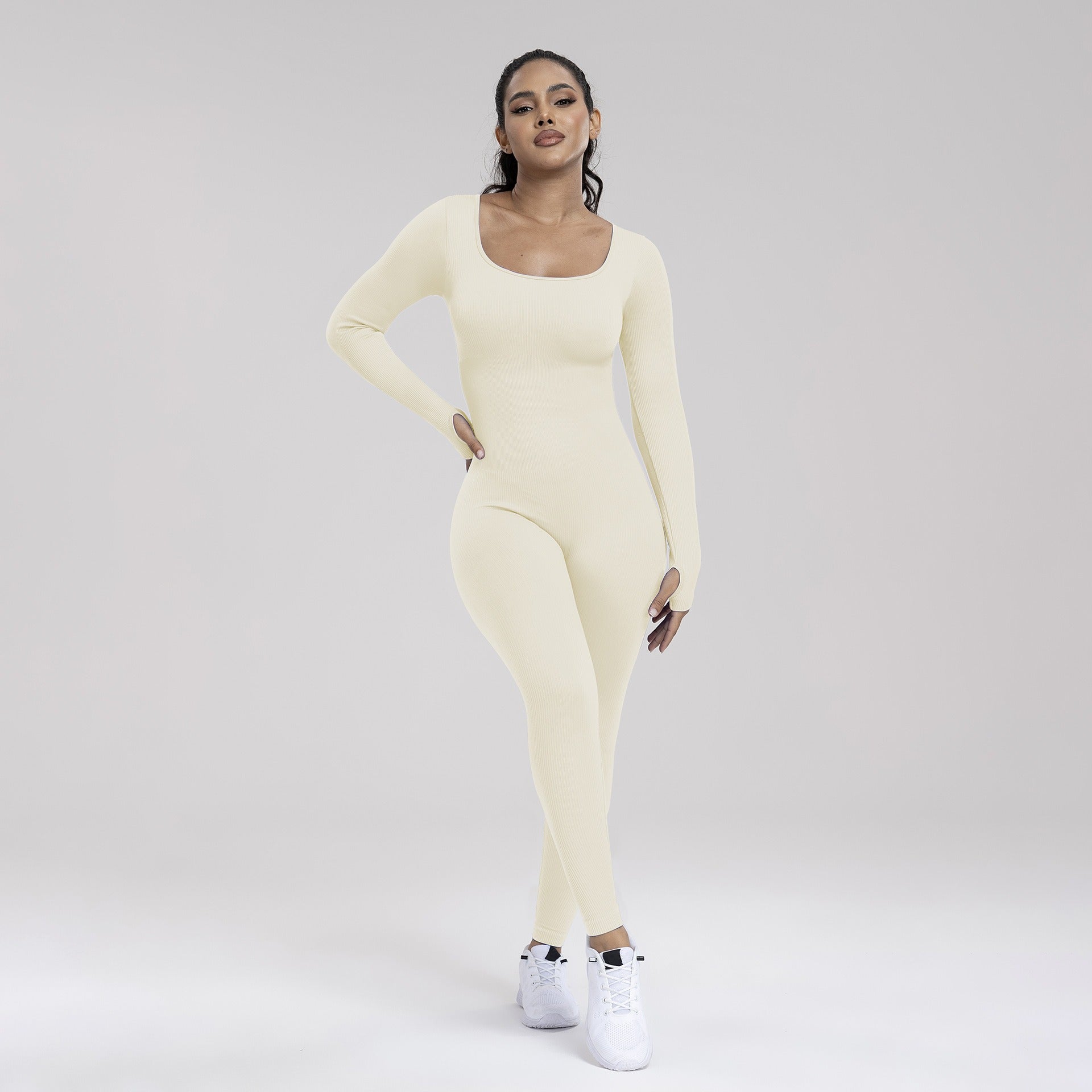 Damen Einfarbiger, gerippter Langarm-Sport-Playsuit mit Bauchkontrolle, gerippter Langarm-Trainings-Bodycon-Jumpsuit, nahtloser Jumpsuit, einteiliger Yoga-Anzug