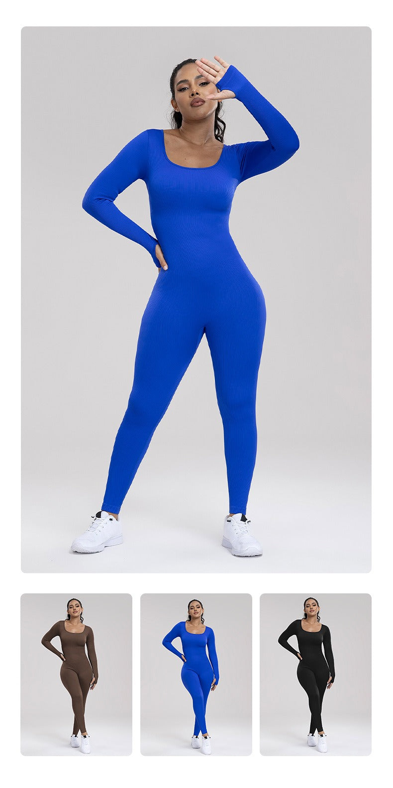 Damen Einfarbiger, gerippter Langarm-Sport-Playsuit mit Bauchkontrolle, gerippter Langarm-Trainings-Bodycon-Jumpsuit, nahtloser Jumpsuit, einteiliger Yoga-Anzug